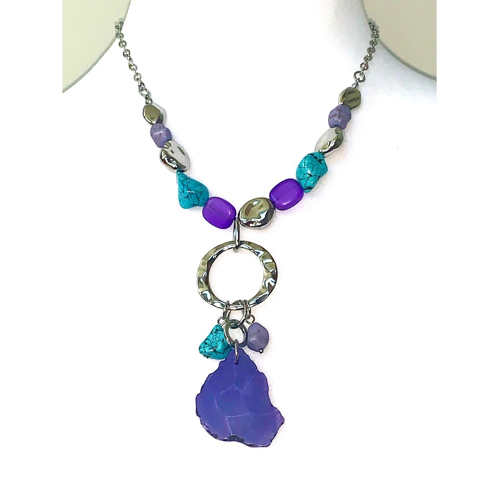 Chico's Silver Tone Turquoise Purple Amythest Color Cut Stone Necklace EUC